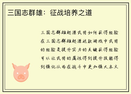 三国志群雄：征战培养之道