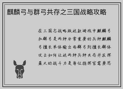 麒麟弓与群弓共存之三国战略攻略